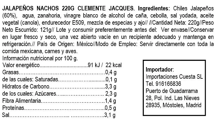 Chiles Jalapeños Nachos 220 g - Clemente Jacques. - Imagen 2