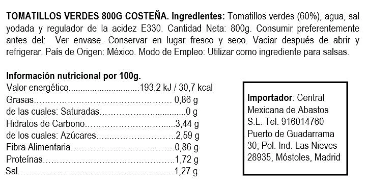 Tomate Verde Entero (Tomatillo) 800 g - La Costeña. - Imagen 2