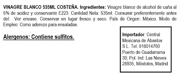 Vinagre de Alcohol de Caña 535 ml - La Costeña. - Imagen 2