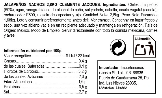 Chiles Jalapeños Nachos 2,8 Kg - Clemente Jacques. - Imagen 2