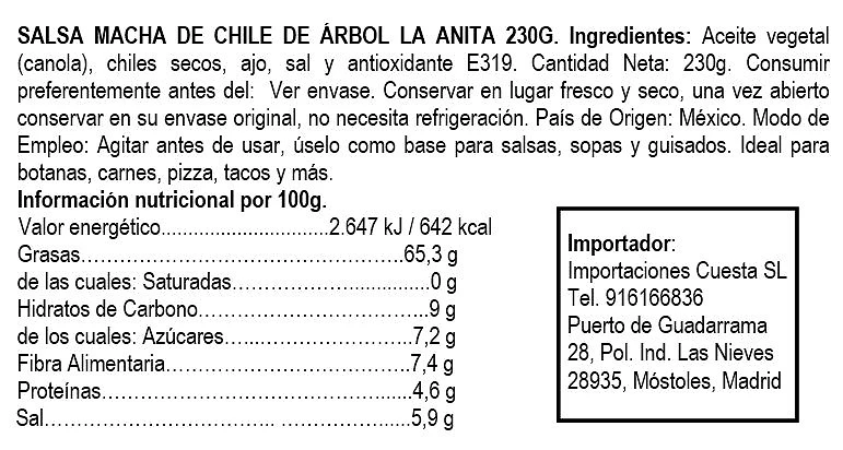 Salsa Macha de Chile de Arbol 230g - La Anita - Imagen 2