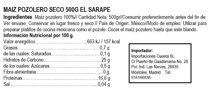 Maíz Pozolero Grano Seco - El Sarape 500g - Imagen 2