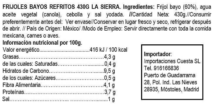 Frijoles Bayos Refritos 430g- La Sierra - Imagen 2