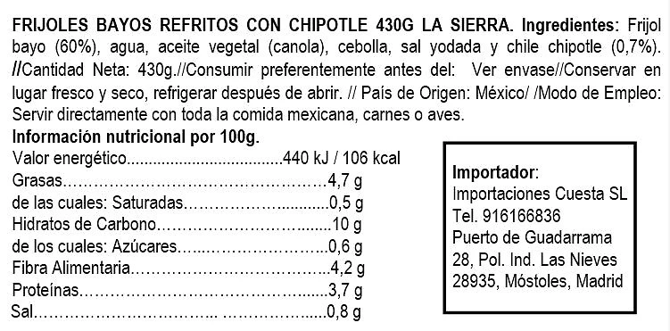 Frijoles Bayos Refritos con Chipotle 430g - La Sierra - Imagen 2