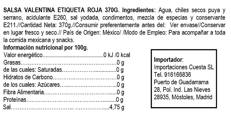 Salsa valentina (etiqueta roja) 370ml - Valentina - Imagen 2
